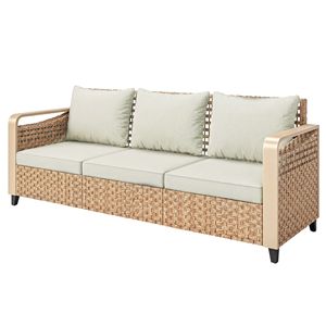 โซฟาหวายสีเบจ 3 ที่นั่ง สำหรับกลางแจ้ง พร้อมเบาะรองนั่ง เหมาะสำหรับสวน ระเบียงหลังบ้าน และเฉลียง - Product Image 1