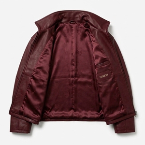 Chaqueta de cuero para hombre con bordado de máscara Oni rojo oscuro, cuello alto, estilo motero, resistente, casual, para uso urbano - Product Image 5