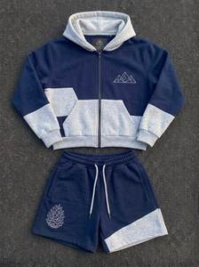 Ensemble sweat à capuche zippé et short pour homme, broderie color block, tenue décontractée streetwear d'été - Product Image 2