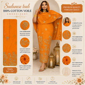 Tela de algodón voile sudanés naranja |   Tela Africana Bordada 100% Algodón con Diseños Florales para Vestidos de Mujer, Ropa para Eid - Product Image 5