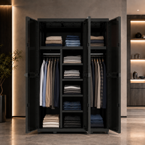 Naiba Mega Portable Plastic Cabinet/Wardrobe with Dark Brown Wood Style Doors & <b>Mirror</b> & Hanger for Clothing & Bedroom Storage - Product Image 2