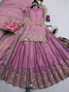 Premium Lavender Tissue Silk Kurta Lehenga Set Heavy Zari Embroidered Short <b>Kurti</b> with Flared Skirt Indian Pakistani Wedding Wea - Product Image 4