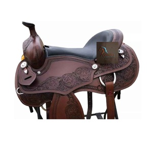 Selle de course pour chevaux Western en cuir marron, avec motif en relief floral et ondulations, design panier, siège souple noir, 10 à 18 pouces, LLT - Product Image 3