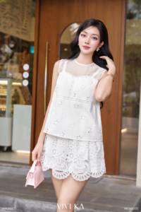 Vivika Women's White Sleeveless <b>Blouse</b> <b>Sheer</b> Crew Neck Eyelet Lace Floral Summer Top Breathable Soft Lace SOLVIA - Product Image 3