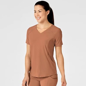 Unisex Brown <b>Scrub</b> <b>Top</b> Knitted Custom Material V-Neck Short Sleeve Hospital Uniform High Quality Needle Detection Supported - Product Image 3