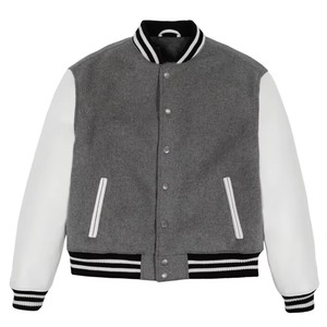 Veste varsity en laine mélangée grise pour homme avec manches blanches et fermeture éclair, vêtement décontracté pour l'automne - Product Image 1