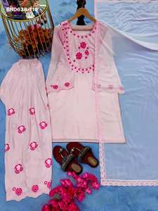 Fournisseur indien de l'ensemble Farshi Plazzo-Top & Dupatta en crêpe, tissu de qualité supérieure, look élégant, couleur magnifique, avec broderie. - Product Image 6