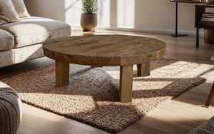 Mesa de Centro Redonda de Madera Sólida Rústica, Diseñada con una Superficie de Madera Resistente, Acabado Natural y Estructura Minimalista para Sala de Estar Moderna - Product Image 2