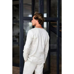 T-shirt en lin pour homme, manches longues, coupe décontractée, chemise en lin beige simple, chemise de plage décontractée, chemise en lin, cadeau pour lui - Product Image 5