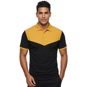 Polo pour homme à blocs de couleur, manches courtes, tricoté, décontracté, design uni, noir et jaune - Product Image 4