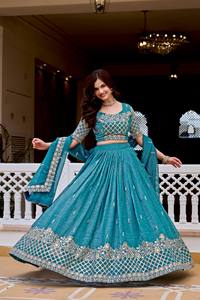 Conjunto de Lehenga Bordado en Color Verde Azulado, Ropa India y Pakistaní, Dupatta con Borde Floral, Blusa sin Mangas y Falda - Product Image 5