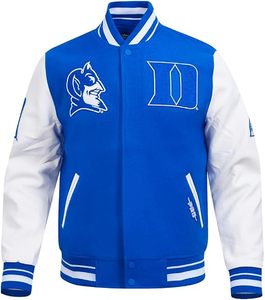 Chaqueta Universitaria Azul Rey y Blanca de los Duke Blue Devils con Logotipo Bordado, Cuello Redondo, para Adultos, Todas las Temporadas, con Ribete en Contraste - Product Image 1