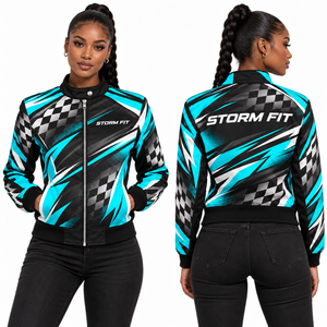 Chaqueta de estilo deportivo para mujer, cuello alto, con cremallera, cortavientos, abrigos de invierno, impresión por sublimación, frente tejido, logotipo de marca personalizado - Product Image 2