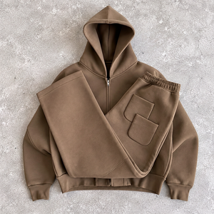 Ensemble de survêtement unisexe gris à capuche avec fermeture éclair intégrale, sweat-shirt et pantalon en coton, couleur unie décontractée, coupe ample, pour l'automne - Product Image 5
