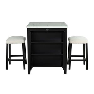 Transitional 3pc Dining Room Set Gloss <b>Table</b> Top with Storage Shelves 2 <b>Side</b> Stools in Black Ivory <b>White</b> - Product Image 6