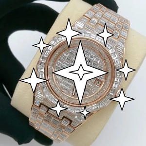 Montre bracelet de luxe en acier inoxydable avec pierres baguette glacées, mouvement mécanique, cadran 41 mm, pièce de mode affirmée - Product Image 3