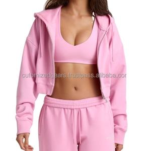 Conjunto de chándal de peso pesado personalizado pantalones de pierna ancha y Sudadera con capucha y cremallera conjunto de ropa de marca de lujo al por mayor conjunto deportivo de entrenamiento para mujer - Product Image 2