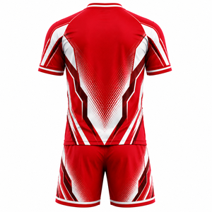Conjunto de Camiseta y Pantalones Cortos de Fútbol Geométricos Rojos y Blancos para Hombre, Transpirables, Ajuste Atlético, para Todas las Temporadas, con Estampado Sublimado - Product Image 1
