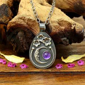 Pendentif lune vintage en argent sterling 925 avec pierre naturelle améthyste, motif fleur de cerisier, bijou unisexe pour fiançailles et usage quotidien - Product Image 1