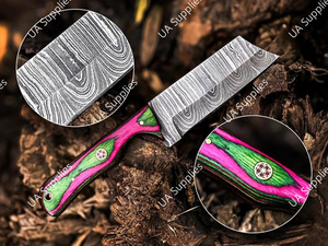 มีดล่าสัตว์เหล็กดามัสกัสตีขึ้นรูปด้วยมือ ใบมีดตรงคมกริบ คุณภาพสูง ด้ามไม้ปักก้าหลากสี รับผลิตตามแบบ OEM คุณภาพดีที่สุด - Product Image 2