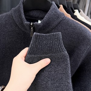 Suéter de punto para hombre con cremallera de un cuarto, color liso, cuello alto, corte regular, informal de invierno, 100% acrílico, antipilling - Product Image 2