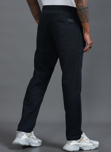 Pantalon en coton de qualité supérieure pour hommes, bleu marine uni, coupe décontractée, taille mi-haute, pantalon régulier avec quatre poches, taille élastiquée - Product Image 2
