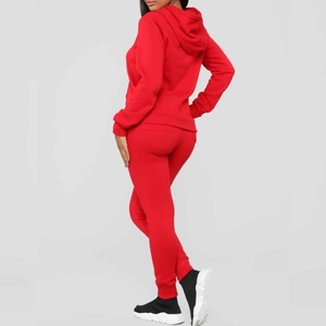 Women Plus Size Red Hooded Tracksuit Set Solid Color Cotton Casual Sweatshirt Pants Full Sleeve Loose Fit Autumn Wear - Product Image 6