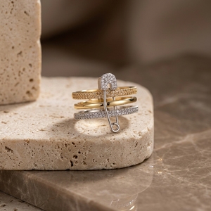 Safety Pin Motif Multi Band <b>Stacked</b> <b>Ring</b> Cut Lab Grown Diamond Women's Engagement Luxury Statement <b>Ring</b> Unique Trendy Gold Band - Product Image 3