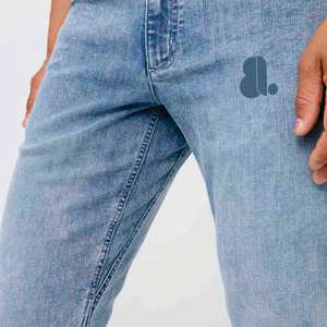 Men Light Blue Straight Fit Casual <b>Jeans</b> <b>Elastic</b> <b>Waist</b> Stonewashed Cotton Breathable Summer Pants - Product Image 6
