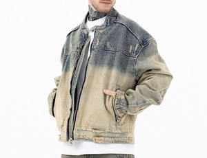 Streetwear Custom Retro Gradient Fade <b>Covered</b> <b>Button</b> Breathable Eco-Friendly Patchwork Linen Cotton Denim Oversized Color Jacket - Product Image 5