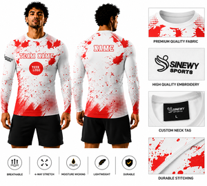 เสื้อรัดกล้ามเนื้อสำหรับเด็ก SINEWY Sports รุ่น Unisex สำหรับชกมวย แขนยาว สีขาวแดง พิมพ์ลายแบบ Sublimation ทรงเข้ารูป แห้งเร็ว ผลิตจากผ้า Spandex/Nylon สำหรับกีฬาศิลปะการต่อสู้ - Product Image 1