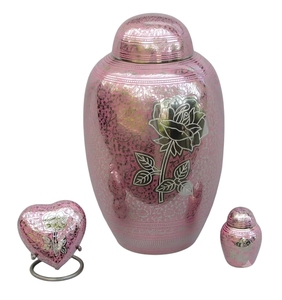 Urne funéraire décorative argentée pour adulte avec bande florale dorée, urne souvenir et récipient en forme de cœur avec base de présentation - Product Image 5