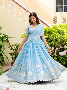 Lehenga Choli Azul de Georgette Sintética con Bordado de Lentejuelas Zari, Traje Tradicional para Bodas y Fiestas para Mujer - Product Image 4