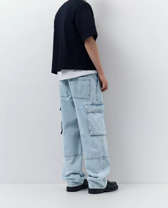 Pantalon cargo en toile bleu clair pour homme, taille mi-haute, plusieurs poches, écologique, respirant, avec cordon de serrage, léger - Product Image 2