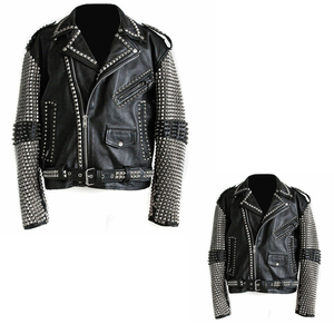 Blousons en cuir véritable cloutés respirants à col montant pour hommes, collection hiver 2026, personnalisables avec logo, style décontracté motard, vente en gros - Product Image 3