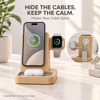 Station de charge magnétique 3-en-1 en bambou pour iPhone, Apple Watch et AirPods - Organisateur de bureau moderne et écologique avec câble dissimulé pour chevet