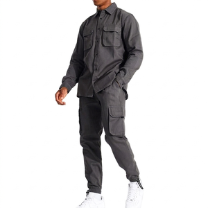 Ensemble de survêtement en coton bleu pour homme, chemise à manches longues boutonnée, pantalon cargo, tenue décontractée pour le printemps, couleur unie, coupe classique - Product Image 3