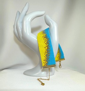 Handmade Beaded Cuff Bracelet Blue Yellow Gold Pattern Fashionable Artisan Jewelry Promotional Novelty <b>Gift</b> - Product Image 4