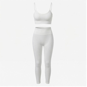 Ensemble de yoga 2 pièces blanc sans couture, haut court et legging taille haute longueur intégrale en Spandex et Polyester, vêtements de sport pour femme - Product Image 1