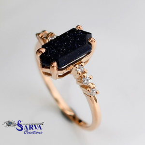 Bague en pierre de sable bleue créée en laboratoire, plaquée or rose, argent sterling 925, gemme hexagonale en CZ, bijou vintage tendance - Product Image 1