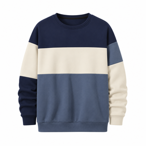 Sweat-shirt à col rond pour homme, couleur marine beige, à blocs de couleurs, manches longues, coupe classique, haut décontracté - Product Image 1