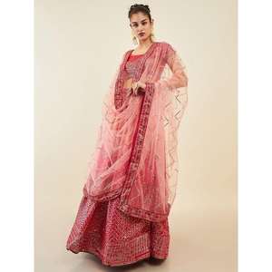 Lehenga choli ชุดงานเทศกาลผ้าไหมปักเลื่อมสีชมพูสำหรับงานเลี้ยง - Product Image 2