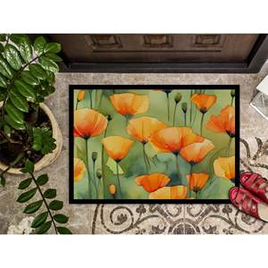 California Poppies Watercolor <b>Doormat</b> Non-Slip Indoor/Outdoor Entryway Rug Low Pile 24H X 36W Washable Front Door Mat - Product Image 3