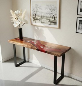 TIMELESS CRAFT Table console en résine époxy et bois de noyer, bord naturel Crimson River, faite à la main, meuble d'appoint d'entrée, luxe moderne - Product Image 5
