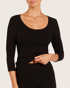 2026 Hot Sale Women's <b>Black</b> Three Quarter Sleeve <b>Crop</b> <b>Top</b> Crew Neck Regular Woven 100% Cotton Streetwear Eco-Friendly All Season - Product Image 3