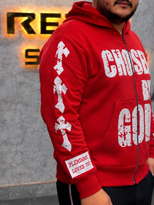 Sweat-shirt à capuche rouge pour homme Rexfit, personnalisé avec l'impression « Chosen By God », fermeture éclair, style streetwear décontracté, en coton French Terry, très vendu. - Product Image 5