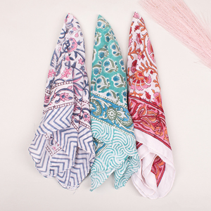 Vintage-Wash Hand Block Printed Western Bandana <b>Square</b> <b>Scarf</b> Floral Pattern Natural Dyed 21" Summer Traditional Handkerchief - Product Image 1