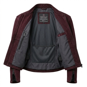 Chaqueta Bomber de Lona Vaquera Lavada Borgoña con Cremallera en las Mangas, Cuello Mandarín, Estilo Cafe Racer para Hombre - Product Image 5