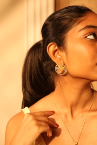 Handcrafted Gold Plated Alloy Wire Weave Ethnic Moon Shape <b>Stud</b> <b>Earrings</b> Natural Rose quartz for Women Party - Product Image 2