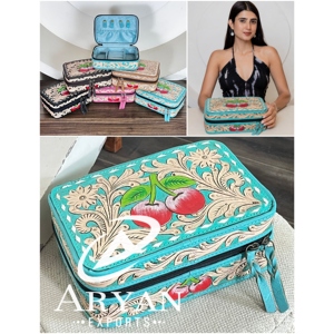 Vintage Style Hand <b>Tooled</b> Genuine Cowhide <b>Leather</b> Pretty Turquoise Jewelry Box Floral Cherry Pattern Jewelry Organizer Cases - Product Image 1